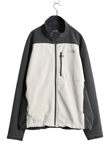 US企画 ノースフェイス APEX ソフトシェル ジャケット メンズ L The North Face ストレッチ 裏 フリース ジャンパー フルジップ ツートン|| 中古 日本未発売 アウトドア ブルゾン ハイネック エイペックス ジップアップ ワンポイント ロゴ刺繍 チャコール ホワイト アメカジ