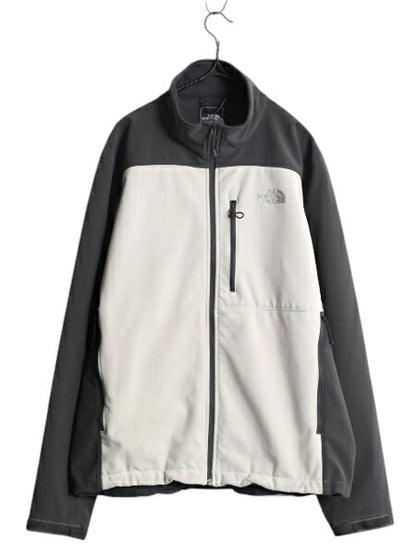 US企画 ノースフェイス APEX ソフトシェル ジャケット メンズ L The North Face ストレッチ 裏 フリース ジャンパー フルジップ ツートン|| 中古 日本未発売 アウトドア ブルゾン ハイネック エイペックス ジップアップ ワンポイント ロゴ刺繍 チャコール ホワイト アメカジ