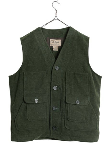 エルエルビーン ハーフムーン メルトン ウール ハンティング ベスト メンズ L 古着 LLBEAN 重ね着 前開き 無地 アウトドア LLビーン カーキ