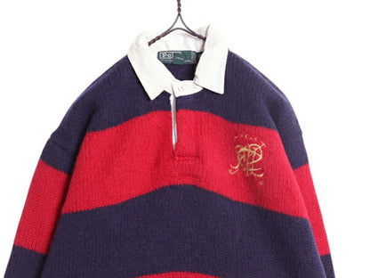 90s ポロ ラルフローレン ウール ニット セーター ボーイズ XL メンズ XS 程 古着オールド ラグビー ラガーシャツ タイプ ワイド ボーダー