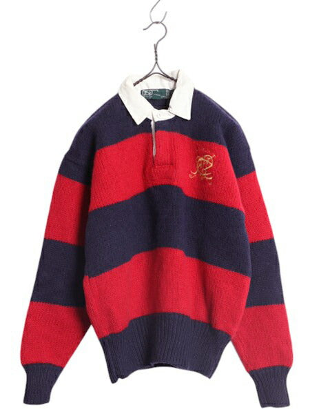 90s ポロ ラルフローレン ウール ニット セーター ボーイズ XL メンズ XS 程 古着オールド ラグビー ラガーシャツ タイプ ワイド ボーダー