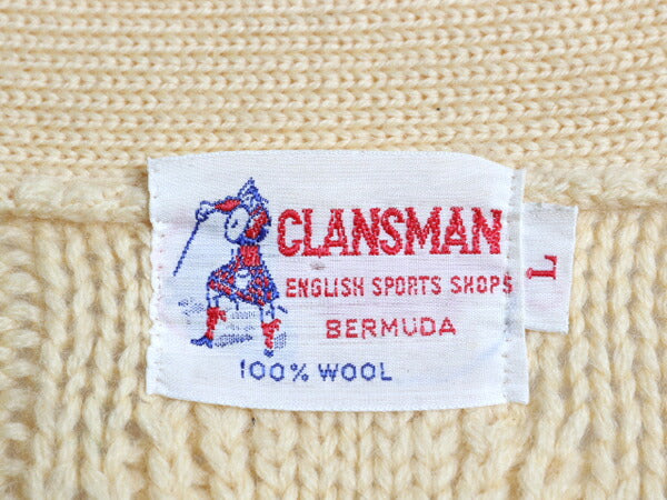 80s CLANSMAN フィッシャーマン ウール ニット カーディガン メンズ M / 古着 ヴィンテージ アラン ナチュラル 無地 前開き ポケット付き