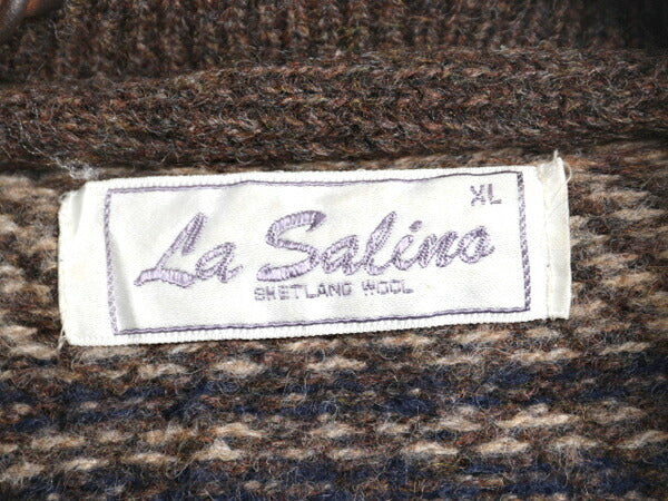 80s La Salina ショールカラー シェットランド ウール ニット カーディガン メンズ XL 小さめ L 程 チェック ヴィンテージ セーター 前開き