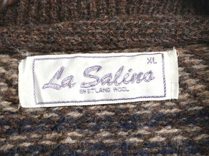 80s La Salina ショールカラー シェットランド ウール ニット カーディガン メンズ XL 小さめ L 程 チェック ヴィンテージ セーター 前開き