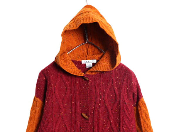 80s アイゾッド ウール ニット カーディガン ジャケット レディース M / ヴィンテージ IZOD ケーブル フード パーカー セーター クレイジー