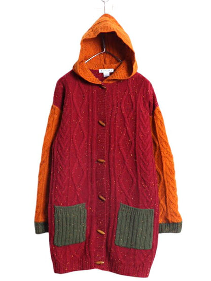 80s アイゾッド ウール ニット カーディガン ジャケット レディース M / ヴィンテージ IZOD ケーブル フード パーカー セーター クレイジー