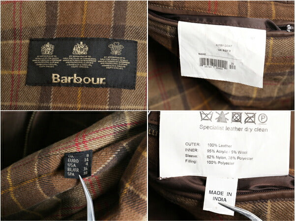 バブアー 本革 レザー ハーフ コート 8 レディース M 程 / Barbour 革ジャン ジャケット チェック 中綿 ライナー付き ブラウン 3ワラント
