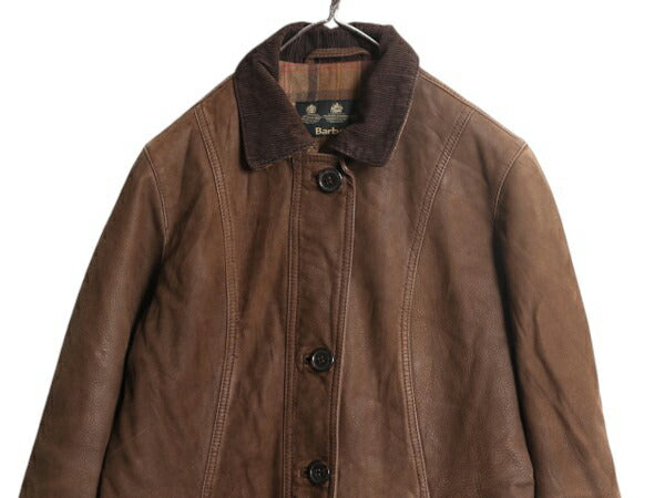 バブアー 本革 レザー ハーフ コート 8 レディース M 程 / Barbour 革ジャン ジャケット チェック 中綿 ライナー付き ブラウン 3ワラント