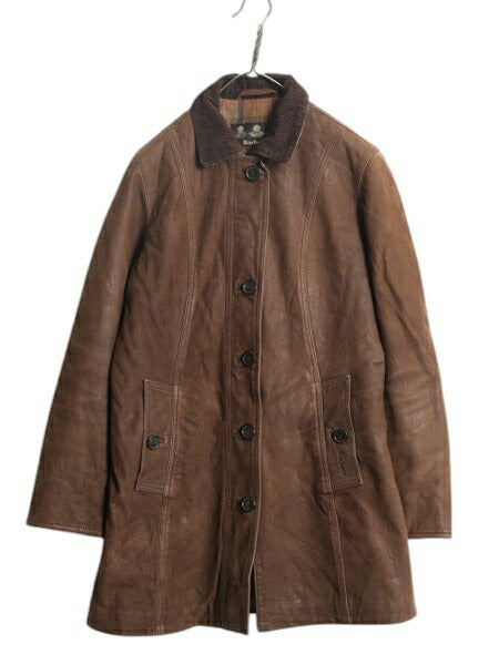 バブアー 本革 レザー ハーフ コート 8 レディース M 程 / Barbour 革ジャン ジャケット チェック 中綿 ライナー付き ブラウン 3ワラント