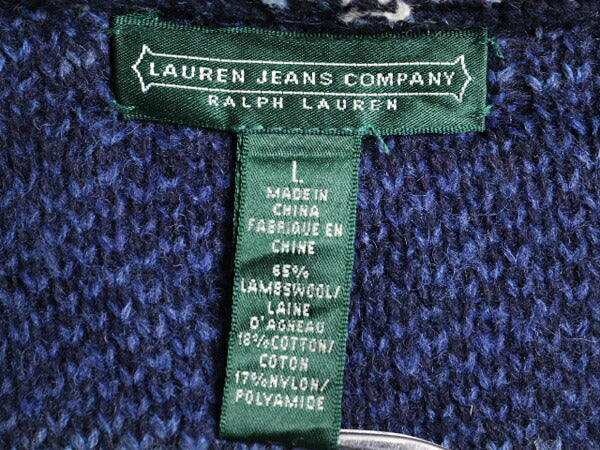 90s LAUREN JEANS ラルフローレン ネイティブ柄 フード付き ロング ニット ガウン レディース L オールド カーディガン スター 星柄 総柄