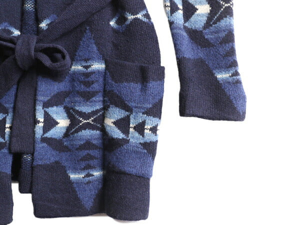 90s LAUREN JEANS ラルフローレン ネイティブ柄 フード付き ロング ニット ガウン レディース L オールド カーディガン スター 星柄 総柄