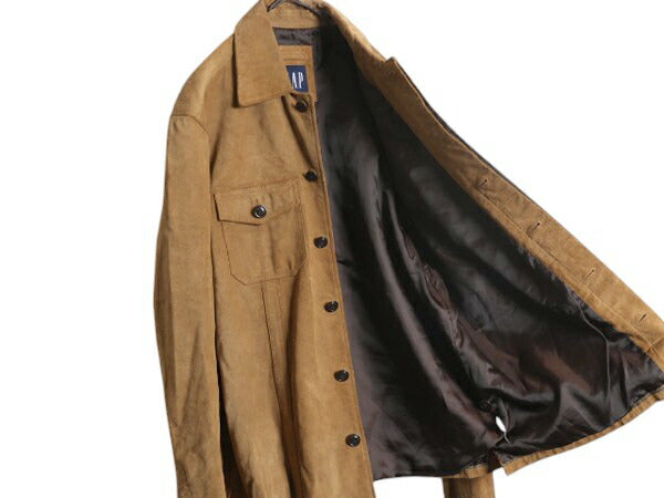 90s OLD GAP 本革 スウェード レザー シャツ ジャケット メンズ XL 古着 オールド ギャップ 革ジャン ロング丈 ジャンパー 大きいサイズ 茶