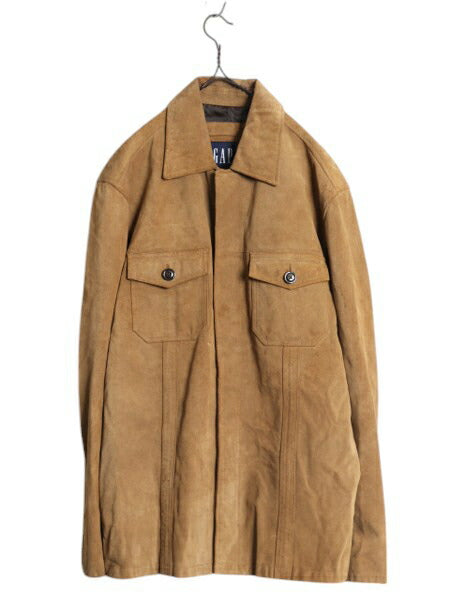 90s OLD GAP 本革 スウェード レザー シャツ ジャケット メンズ XL 古着 オールド ギャップ 革ジャン ロング丈 ジャンパー 大きいサイズ 茶