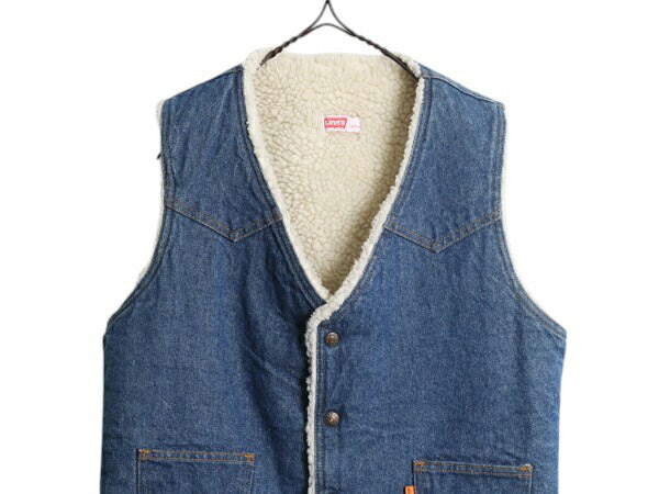 70s USA製 リーバイス 裏 ボア デニム ベスト メンズ M 古着 70年代 ヴィンテージ LEVIS 重ね着 前開き パイル オレンジタブ ポケット付き