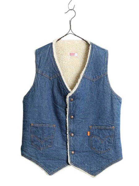 70s USA製 リーバイス 裏 ボア デニム ベスト メンズ M 古着 70年代 ヴィンテージ LEVIS 重ね着 前開き パイル オレンジタブ ポケット付き