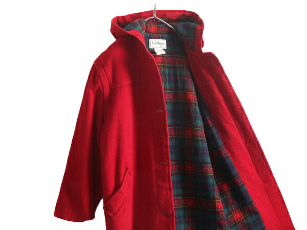 90s USA製 エルエルビーン ダッフル コート レディース L 古着 90年代 LLBEAN オールド LLビーン 旧タグ ロング チェック ライナー付き 赤