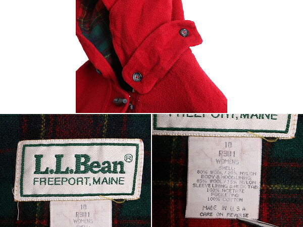 90s USA製 エルエルビーン ダッフル コート レディース L 古着 90年代 LLBEAN オールド LLビーン 旧タグ ロング チェック ライナー付き 赤