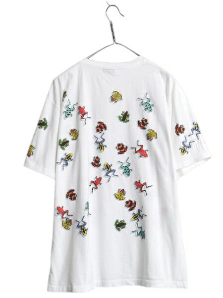 90s USA製 毒ガエル イラスト オールオーバー プリント Tシャツ メンズ XL オールド アート 総柄 シングルステッチ 白 当時物 大きいサイズ