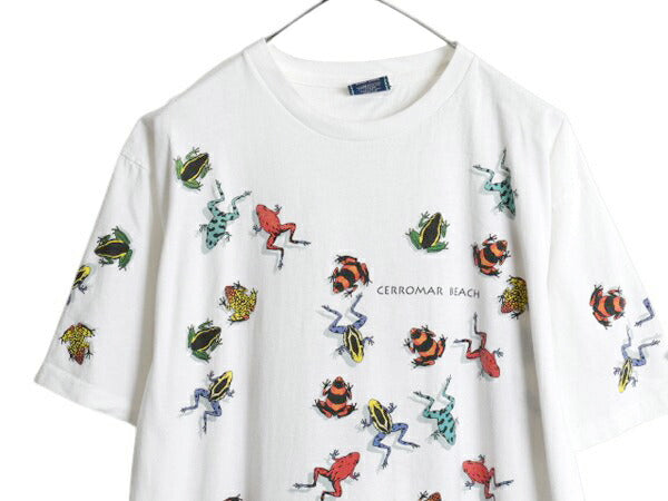 90s USA製 毒ガエル イラスト オールオーバー プリント Tシャツ メンズ XL オールド アート 総柄 シングルステッチ 白 当時物 大きいサイズ