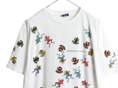 90s USA製 毒ガエル イラスト オールオーバー プリント Tシャツ メンズ XL オールド アート 総柄 シングルステッチ 白 当時物 大きいサイズ