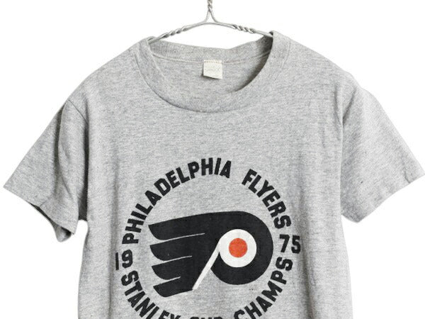 70s USA製 フライヤーズ プリント 半袖 Tシャツ S 小さめ メンズ XS 程/ ヴィンテージ NHL アイスホッケー 88 12 スプルース 霜降り グレー