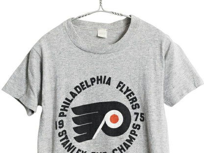 70s USA製 フライヤーズ プリント 半袖 Tシャツ S 小さめ メンズ XS 程/ ヴィンテージ NHL アイスホッケー 88 12 スプルース 霜降り グレー