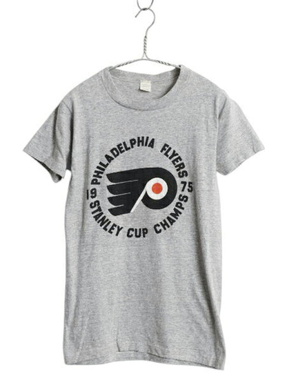 70s USA製 フライヤーズ プリント 半袖 Tシャツ S 小さめ メンズ XS 程/ ヴィンテージ NHL アイスホッケー 88 12 スプルース 霜降り グレー