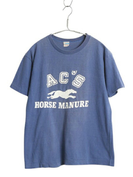 70s USA製 チャンピオン 3段 企業 プリント 半袖 Tシャツ メンズ L 小さめ M 程 ヴィンテージ バータグ 企業物 当時物 シングルステッチ 青