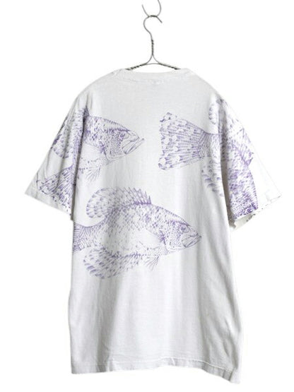 90s USA製 フィッシュ アート オールオーバー プリント Tシャツ メンズ XL / オールド ヘビーウェイト 大きいサイズ シングルステッチ 白