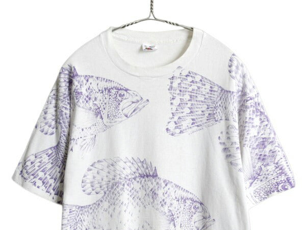 90s USA製 フィッシュ アート オールオーバー プリント Tシャツ メンズ XL / オールド ヘビーウェイト 大きいサイズ シングルステッチ 白
