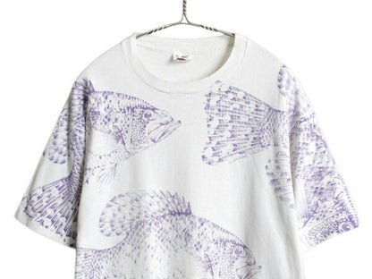 90s USA製 フィッシュ アート オールオーバー プリント Tシャツ メンズ XL / オールド ヘビーウェイト 大きいサイズ シングルステッチ 白