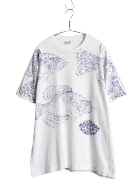 90s USA製 フィッシュ アート オールオーバー プリント Tシャツ メンズ XL / オールド ヘビーウェイト 大きいサイズ シングルステッチ 白