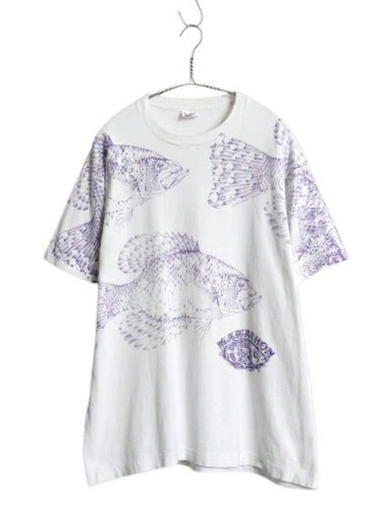 90s USA製 フィッシュ アート オールオーバー プリント Tシャツ メンズ XL / オールド ヘビーウェイト 大きいサイズ シングルステッチ 白