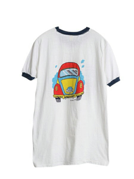 70s USA製 旧車 イラスト 染込み 両面 プリント 半袖 リンガー Tシャツ メンズ レディース M ヴィンテージ シングルステッチ 当時物 アメ車