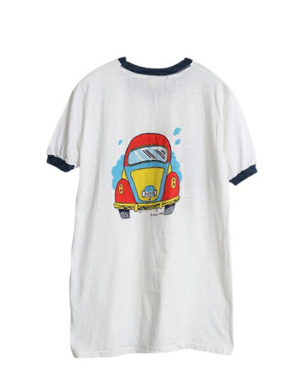 70s USA製 旧車 イラスト 染込み 両面 プリント 半袖 リンガー Tシャツ メンズ レディース M ヴィンテージ シングルステッチ 当時物 アメ車