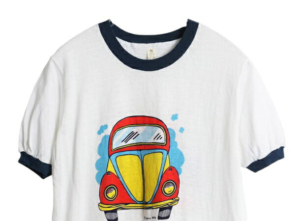 70s USA製 旧車 イラスト 染込み 両面 プリント 半袖 リンガー Tシャツ メンズ レディース M ヴィンテージ シングルステッチ 当時物 アメ車