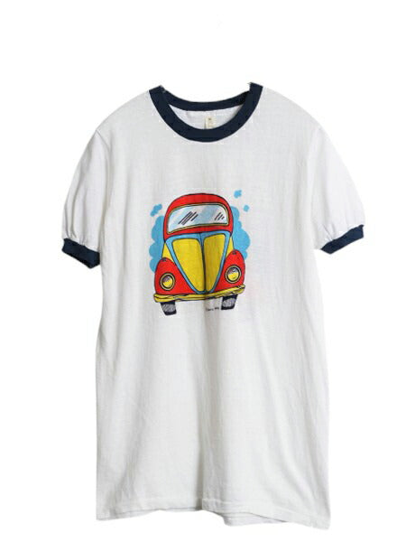 70s USA製 旧車 イラスト 染込み 両面 プリント 半袖 リンガー Tシャツ メンズ レディース M ヴィンテージ シングルステッチ 当時物 アメ車