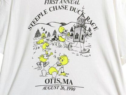 デッドストック 90s USA製 アヒル レース キャラクター イラスト プリント Tシャツ メンズ 2XL オールド 大きいサイズ シングルステッチ 白