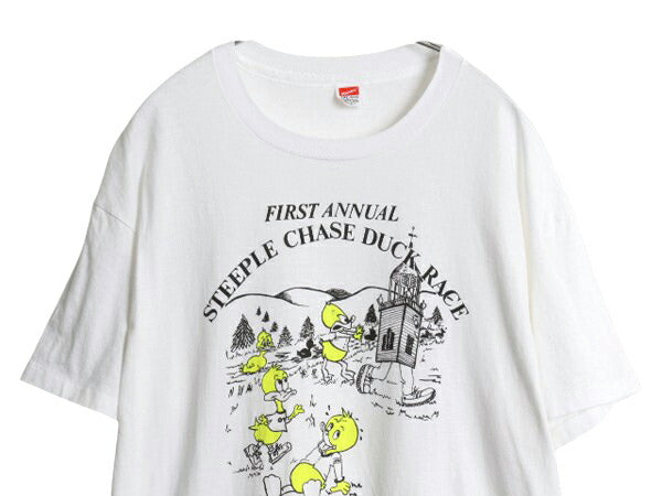 デッドストック 90s USA製 アヒル レース キャラクター イラスト プリント Tシャツ メンズ 2XL オールド 大きいサイズ シングルステッチ 白