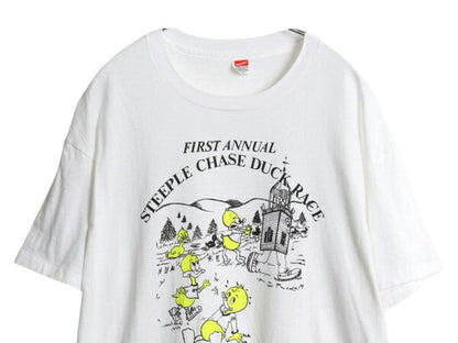 デッドストック 90s USA製 アヒル レース キャラクター イラスト プリント Tシャツ メンズ 2XL オールド 大きいサイズ シングルステッチ 白