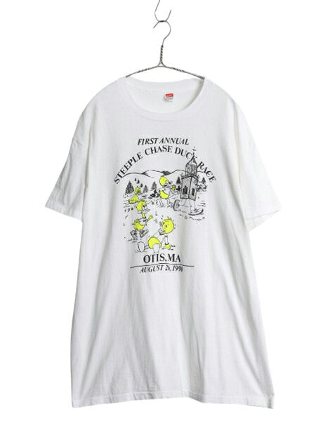 デッドストック 90s USA製 アヒル レース キャラクター イラスト プリント Tシャツ メンズ 2XL オールド 大きいサイズ シングルステッチ 白