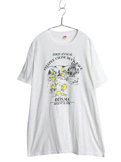 デッドストック 90s USA製 アヒル レース キャラクター イラスト プリント Tシャツ メンズ 2XL オールド 大きいサイズ シングルステッチ 白