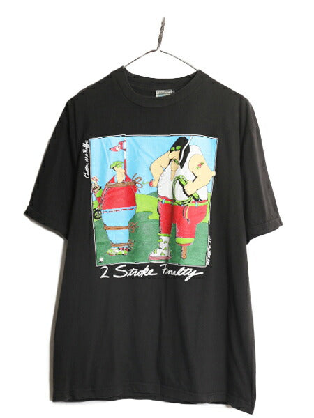 90s ジョーク イラスト プリント Tシャツ メンズ L 程 90年代 オールド アート キャラクター シングルステッチ ゴルフ ヘビーウェイト 黒