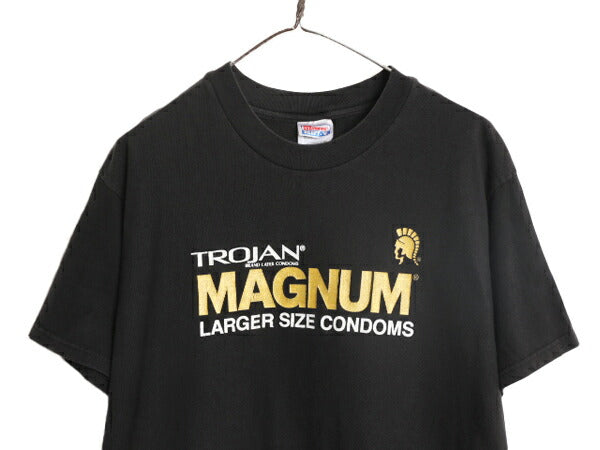 90s 00s TROJAN コンドーム 企業 ロゴ プリント Tシャツ メンズ L 90年代 00年代 オールド ブラック ヘビーウェイト トロ―ジャン ヘインズ