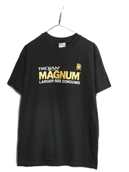 90s 00s TROJAN コンドーム 企業 ロゴ プリント Tシャツ メンズ L 90年代 00年代 オールド ブラック ヘビーウェイト トロ―ジャン ヘインズ