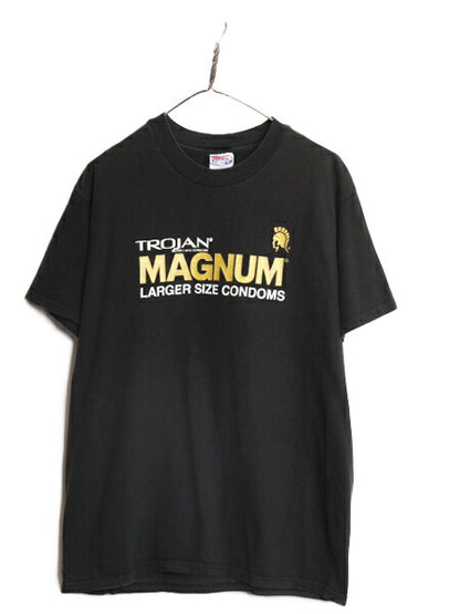 90s 00s TROJAN コンドーム 企業 ロゴ プリント Tシャツ メンズ L 90年代 00年代 オールド ブラック ヘビーウェイト トロ―ジャン ヘインズ