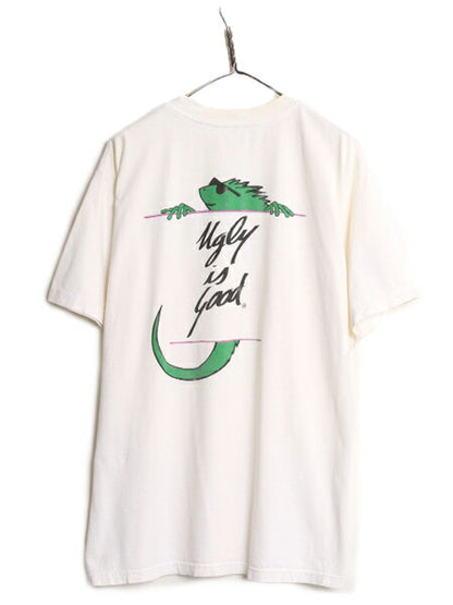 90s 企業 ロゴ 両面 プリント Tシャツ メンズ XL 程 古着 90年代 オールド イグアナ アート イラスト ヘビーウェイト グラフィック 白 白T