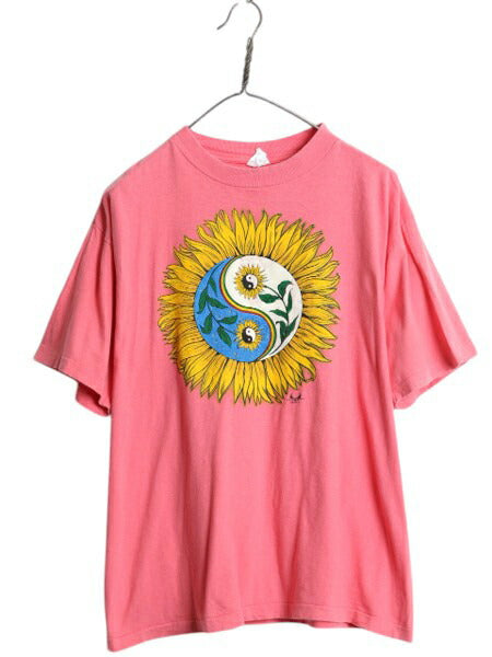 90s 陰陽 ひまわり アート イラスト プリント Tシャツ メンズ レディース XL 古着 オールド ヘビーウェイト シングルステッチ 大きいサイズ