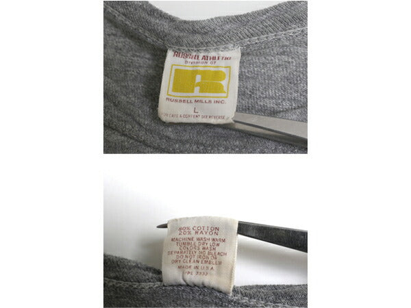60s 70s USA製 2段 カレッジ プリント Tシャツ L メンズ S 程 ヴィンテージ シングルステッチ ラッセル 金タグ 霜降り グレー カットソー