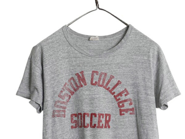 60s 70s USA製 2段 カレッジ プリント Tシャツ L メンズ S 程 ヴィンテージ シングルステッチ ラッセル 金タグ 霜降り グレー カットソー